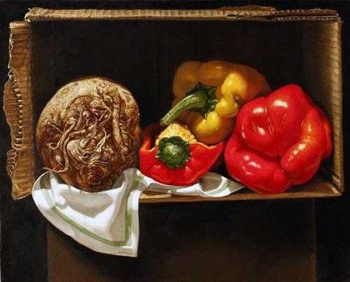 Trompe l´oeil, Vegetales en una caja Trompe l´oeil, Vegetales en una caja